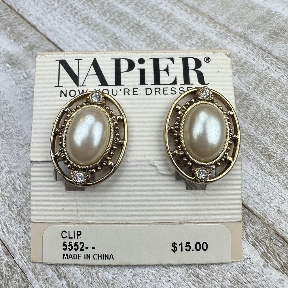 Vintage Napier Faux Pearl Rhinestone Gold Tone Clip Earrings